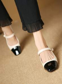 女性撞色人造珍珠裝飾粗跟優雅戶外瑪麗珍鞋 - 米色 - 查看 3