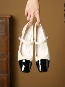 女性撞色人造珍珠裝飾粗跟優雅戶外瑪麗珍鞋 - 米色 - 查看 4