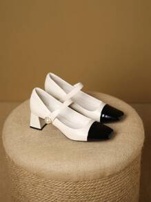 女性撞色人造珍珠裝飾粗跟優雅戶外瑪麗珍鞋 - 米色 - 查看 5