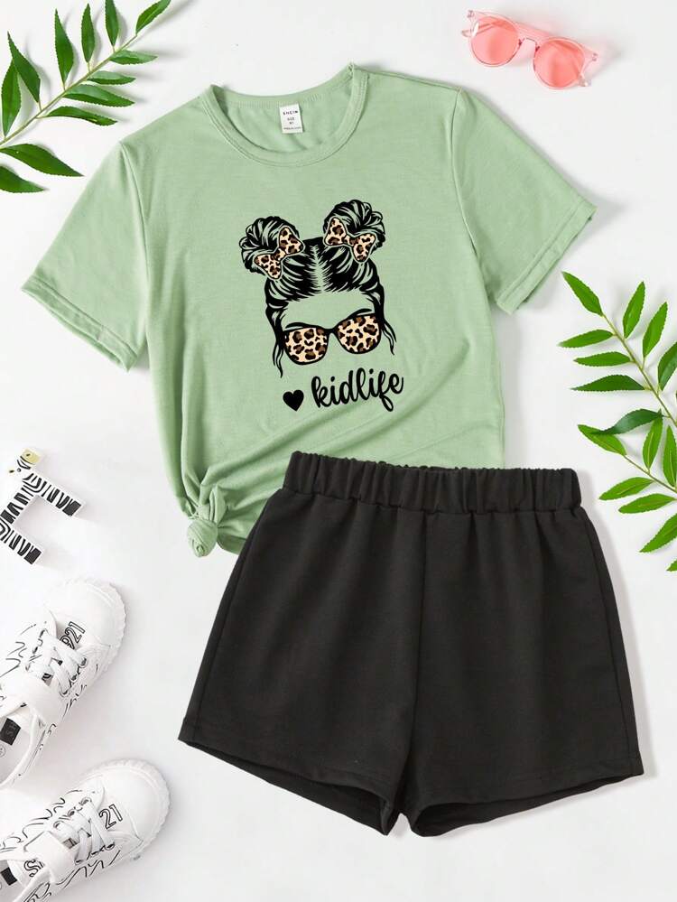 Tween Girl Figure & Letter Graphic Tee & Shorts