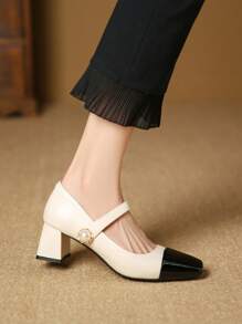 女性撞色人造珍珠裝飾粗跟優雅戶外瑪麗珍鞋 - 米色 - 查看 6