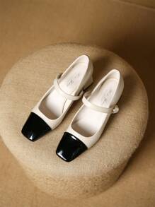 女性撞色人造珍珠裝飾粗跟優雅戶外瑪麗珍鞋 - 米色 - 查看 7