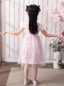 Váy Công Chúa Hanfu Cho Bé Gái Thêu Hình Thỏ, Cổ Vuông Xếp Ly Và Tay Chuông Ngọt Ngào, Thích Hợp Mặc Hàng Ngày, Họp Mặt Gia Đình, Đi Chơi, Biểu Diễn Vào Mùa Hè - Màu Hồng baby - Xem 2