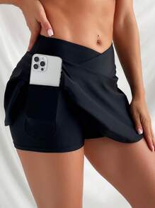 Summer Beach Solid Asymmetrical Waistband Bikini Bottom - Black - View 1