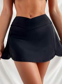 Summer Beach Solid Asymmetrical Waistband Bikini Bottom - Black - View 6