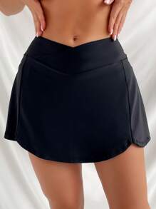 Summer Beach Solid Asymmetrical Waistband Bikini Bottom - Black - View 5