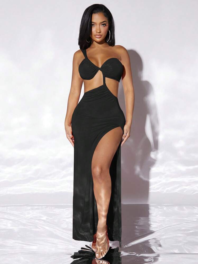 shein bae cut out one shoulder slit thigh dress Silquee Cut Out One Shoulder Slit Thigh Dress