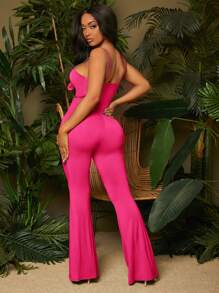 SHEIN SXY 素色前打結鏤空喇叭吊帶連體褲 - 玫紅色 - 查看 2