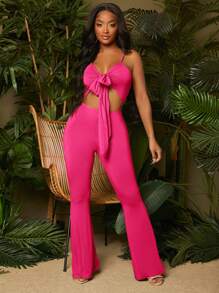 SHEIN SXY 素色前打結鏤空喇叭吊帶連體褲 - 玫紅色 - 查看 4