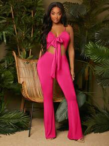 SHEIN SXY 素色前打結鏤空喇叭吊帶連體褲 - 玫紅色 - 查看 5