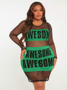 SHEIN SXY Plus Letter Graphic Fishnet Insert Bodycon Dress - Green - View 1