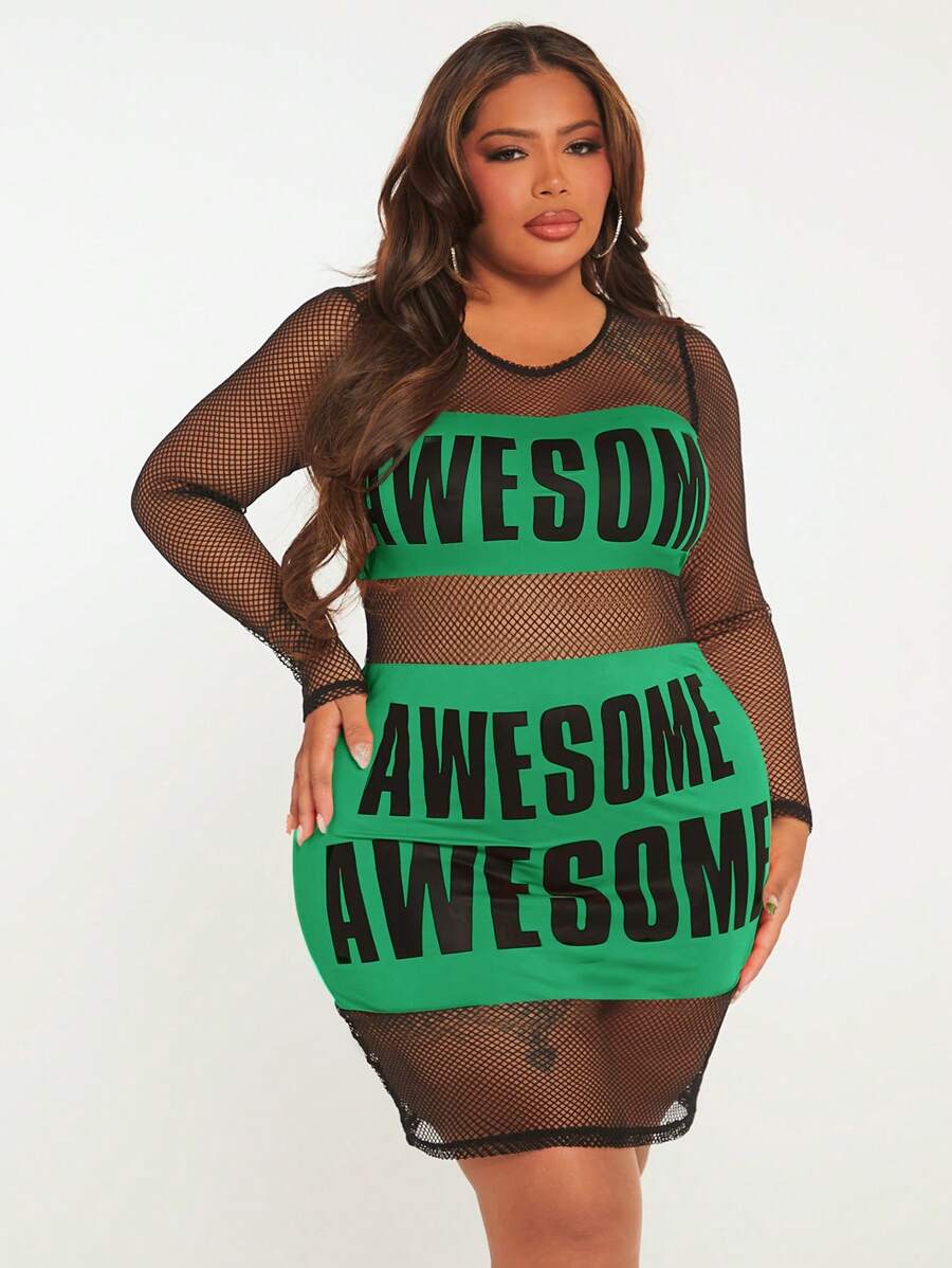 SHEIN SXY Plus Letter Graphic Fishnet Insert Bodycon Dress - Green - View 1