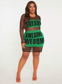 SHEIN SXY Plus Letter Graphic Fishnet Insert Bodycon Dress - Green - View 3