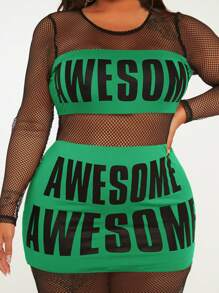 SHEIN SXY Plus Letter Graphic Fishnet Insert Bodycon Dress - Green - View 5
