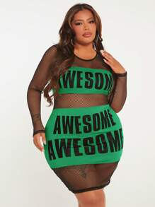 SHEIN SXY Plus Letter Graphic Fishnet Insert Bodycon Dress - Green - View 6