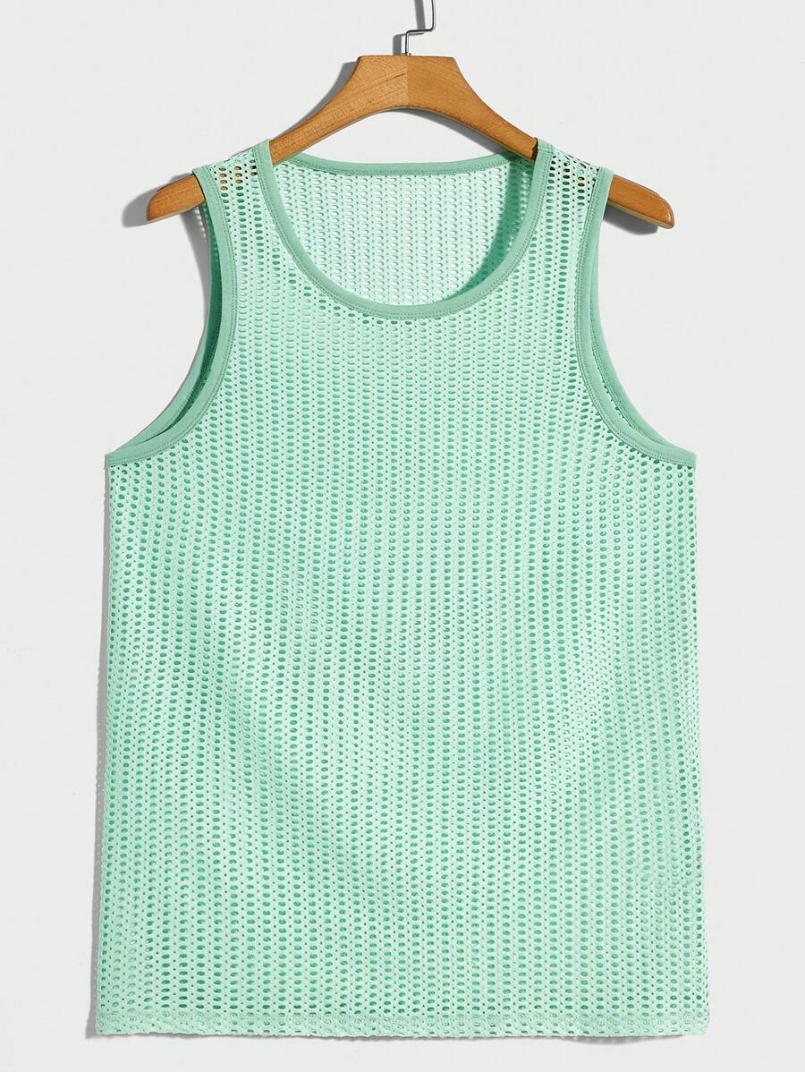 FeverCity Men Solid Open Knit Tank Top - Mint Green - View 1
