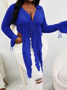 Slaydiva áo nữ kích thước lớn Bất đối xứng Xù nhỏ Thắt nơ trước màu trơn Giải trí - Xanh đậm - Xem 1