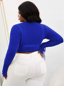 Slaydiva áo nữ kích thước lớn Bất đối xứng Xù nhỏ Thắt nơ trước màu trơn Giải trí - Xanh đậm - Xem 2