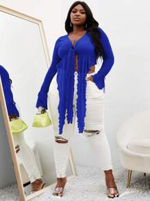 Slaydiva áo nữ kích thước lớn Bất đối xứng Xù nhỏ Thắt nơ trước màu trơn Giải trí - Xanh đậm - Xem 4