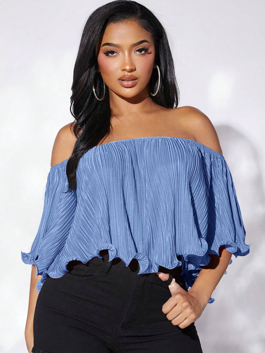 SHEIN SXY Off Shoulder Lettuce Trim Plisse Blouse - Blue - View 1