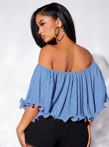 SHEIN SXY Off Shoulder Lettuce Trim Plisse Blouse - Blue - View 2