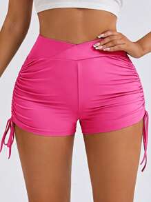 SHEIN SXY Drawstring Side Ruched Cycling Shorts - Hot Pink - View 2