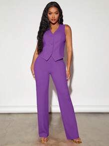 SHEIN SXY Solid Button Front Waistcoat & Trousers - Violet Purple - View 1