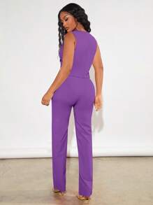 SHEIN SXY Solid Button Front Waistcoat & Trousers - Violet Purple - View 2