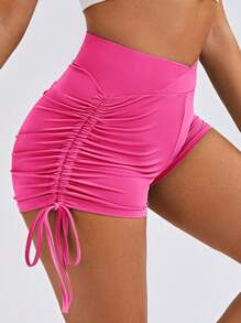 SHEIN SXY Drawstring Side Ruched Cycling Shorts - Hot Pink - View 4
