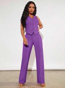SHEIN SXY Solid Button Front Waistcoat & Trousers - Violet Purple - View 3
