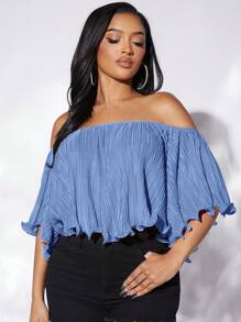 SHEIN SXY Off Shoulder Lettuce Trim Plisse Blouse - Blue - View 6