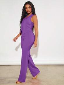 SHEIN SXY Solid Button Front Waistcoat & Trousers - Violet Purple - View 5