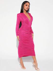 SHEIN SXY 深V領褶邊緊身連衣裙 - 玫紅色 - 查看 4