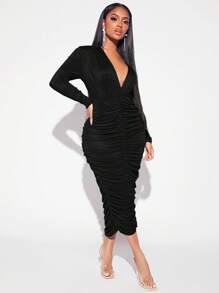 SHEIN SXY Đầm Xù màu trơn Gợi cảm - màu đen - Xem 4