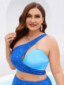 Celure Plus Colorblock Wrap Cross Tie Backless One Shoulder Bikini Top - Blue - View 3