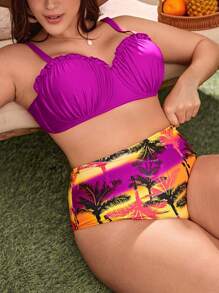 SHEIN Swim Curve Plus Size Tropical Print Ruched Push Up Bikini Set Summer Beach - Red Violet - View 1