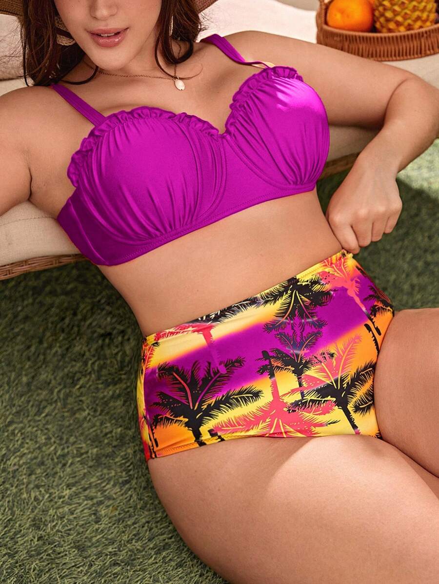 SHEIN Swim Curve Plus Size Tropical Print Ruched Push Up Bikini Set Summer Beach - Red Violet - View 1