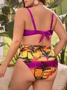 SHEIN Swim Curve Plus Size Tropical Print Ruched Push Up Bikini Set Summer Beach - Red Violet - View 2