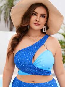 Celure Plus Colorblock Wrap Cross Tie Backless One Shoulder Bikini Top - Blue - View 4