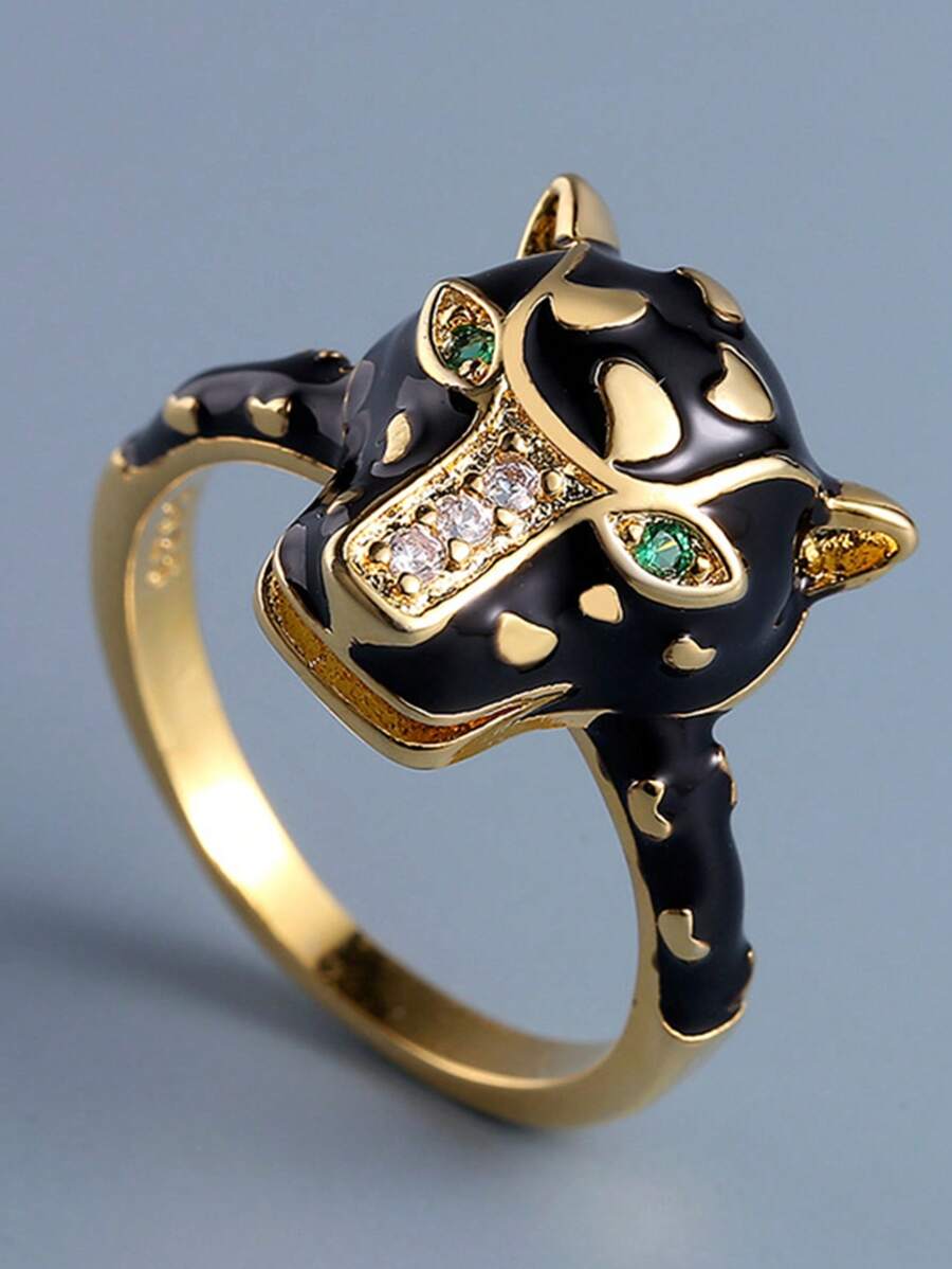 1入組時尚方晶鋯石和豹頭裝飾戒指適合女士日常裝飾銅首飾類 - 彩色 - 查看 1