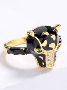 1入組時尚方晶鋯石和豹頭裝飾戒指適合女士日常裝飾銅首飾類 - 彩色 - 查看 2