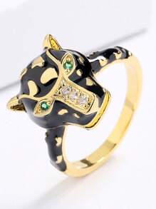 1入組時尚方晶鋯石和豹頭裝飾戒指適合女士日常裝飾銅首飾類 - 彩色 - 查看 3