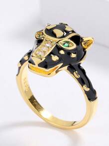 1入組時尚方晶鋯石和豹頭裝飾戒指適合女士日常裝飾銅首飾類 - 彩色 - 查看 4