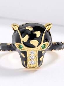 1入組時尚方晶鋯石和豹頭裝飾戒指適合女士日常裝飾銅首飾類 - 彩色 - 查看 5