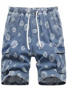 Men Floral Print Flap Pocket Drawstring Waist Denim Shorts - Light Wash - View 1