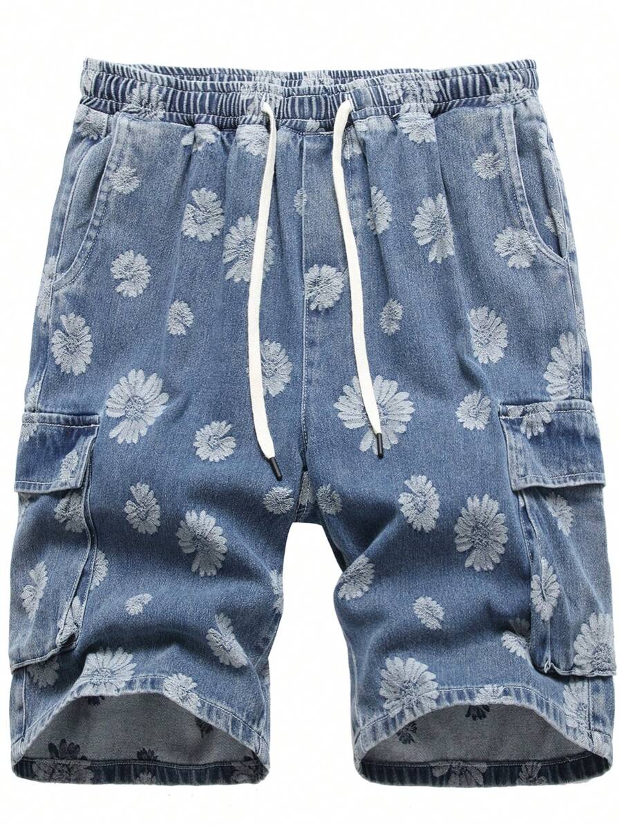 Men Floral Print Flap Pocket Drawstring Waist Denim Shorts - Light Wash - View 1