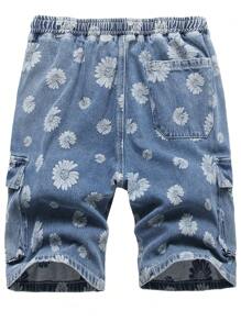 Men Floral Print Flap Pocket Drawstring Waist Denim Shorts - Light Wash - View 2