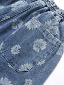 Men Floral Print Flap Pocket Drawstring Waist Denim Shorts - Light Wash - View 3