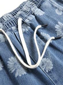 Men Floral Print Flap Pocket Drawstring Waist Denim Shorts - Light Wash - View 4