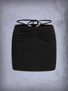 ROMWE Goth Damskie Spódnice Ściągacz Pomarszczona Kokardka z tyłu Prosty Seksowne - Czarne - Zobacz 1